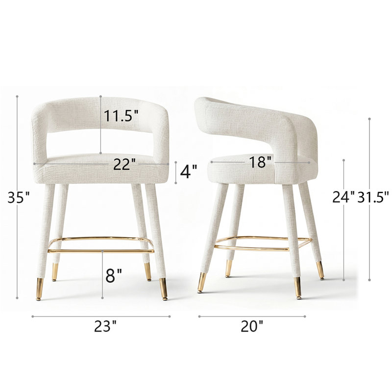 Ensemble de 3 tabourets de bar 24 po à hauteur de comptoir rembourrés avec repose-pieds doré, Offwhite