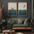 Sun And Moon " Shining Sun And Crescent Moon Over Teal Ocean Waves " 2 - Pieces-71660118-71660119