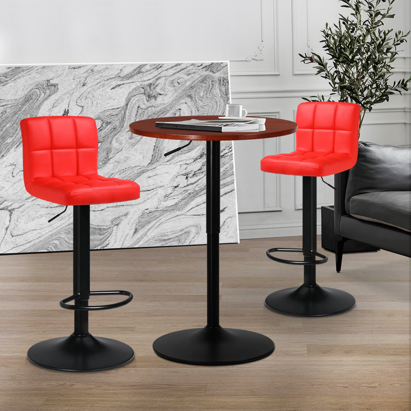 Yensid Bar Dining and 2 Piece Chair Set, Round Adjustable Height Table and PU Leather Bar Stools, 36"H x 23.5"L x 23.5"W, Red