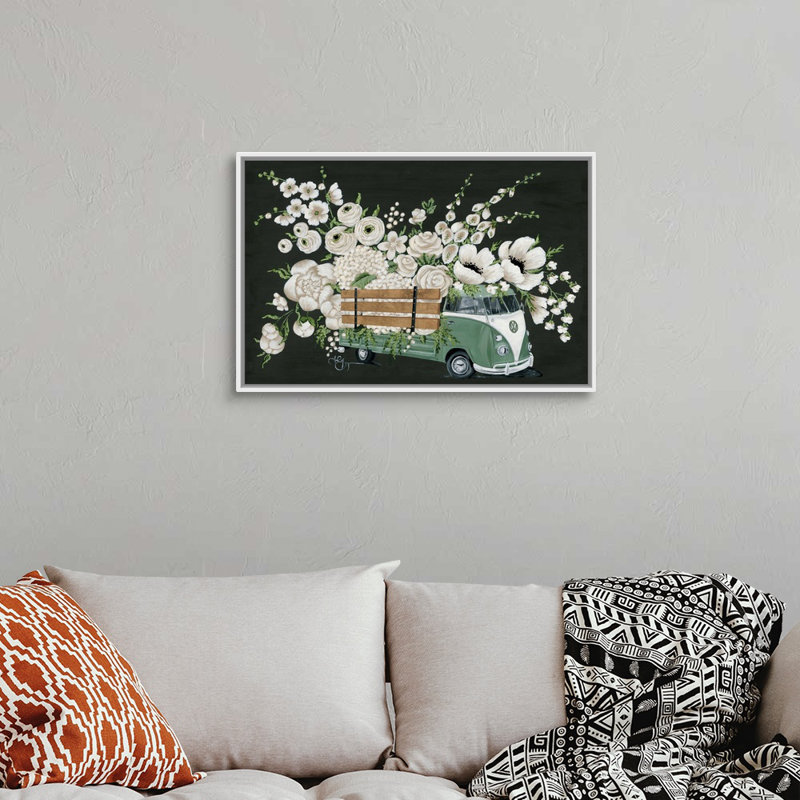 VW bus-noir-reproduction d’art sur toile, H 22 po x l 32 po x P 1,75po, Cadre blanc
