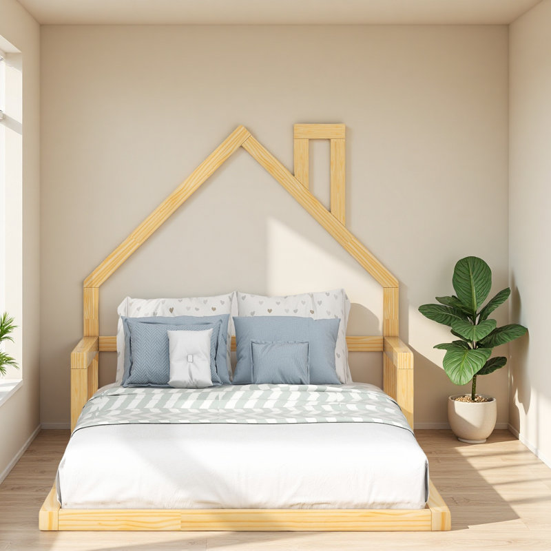 Twin Size Wood Floor Bed With House-Shaped Headboard, Natural