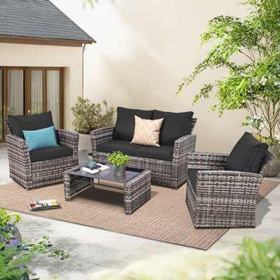 4-Piece PE Wicker Patio Furniture Set With Cushions, Outdoor Conversation Set With Iron Frame & Glass Coffee Table For Deck, Balcony