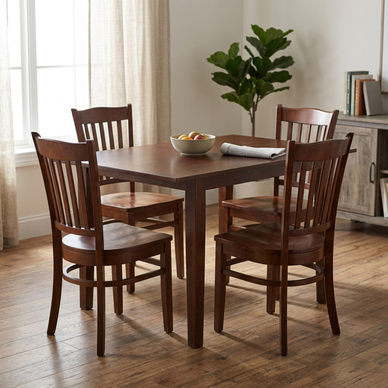 Ensemble de salle à manger rectangulaire 5 pièces en bois massif d'acajou avec table à abattants et chaises à dossier à lattes