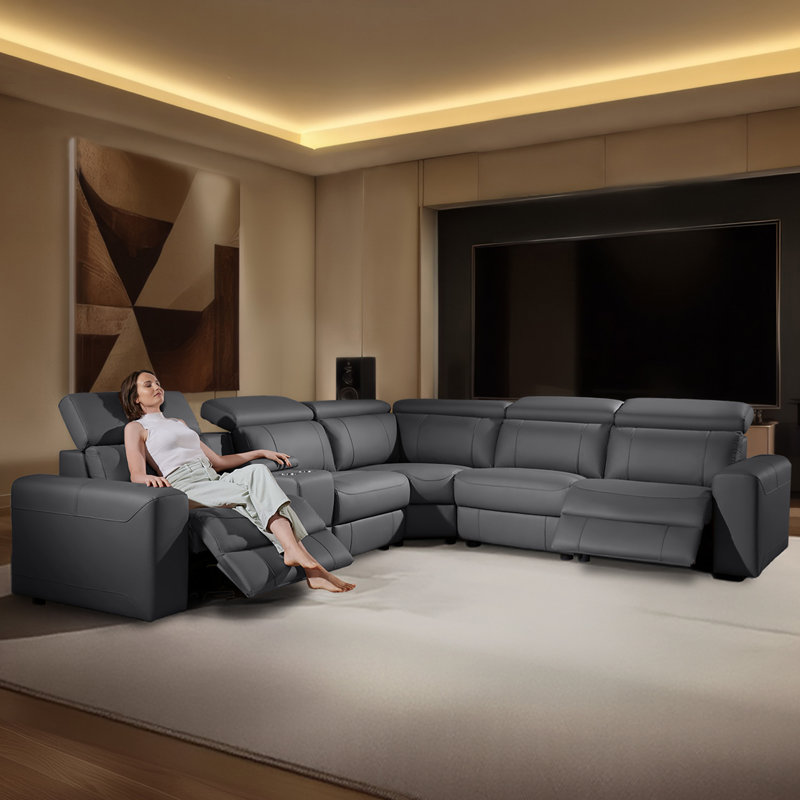 Très grand canapé inclinable électrique avec console et deux fauteuils inclinables, canapé modulaire en cuir pour le salon