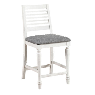 Counter Height Dining Chairs, Rustic Antique White Gray, 2Pcs, Solid Wood, Gray Fabric Cushions, Turned Legs, Back Chairs For Charm 2Pc White/Gray, Spot