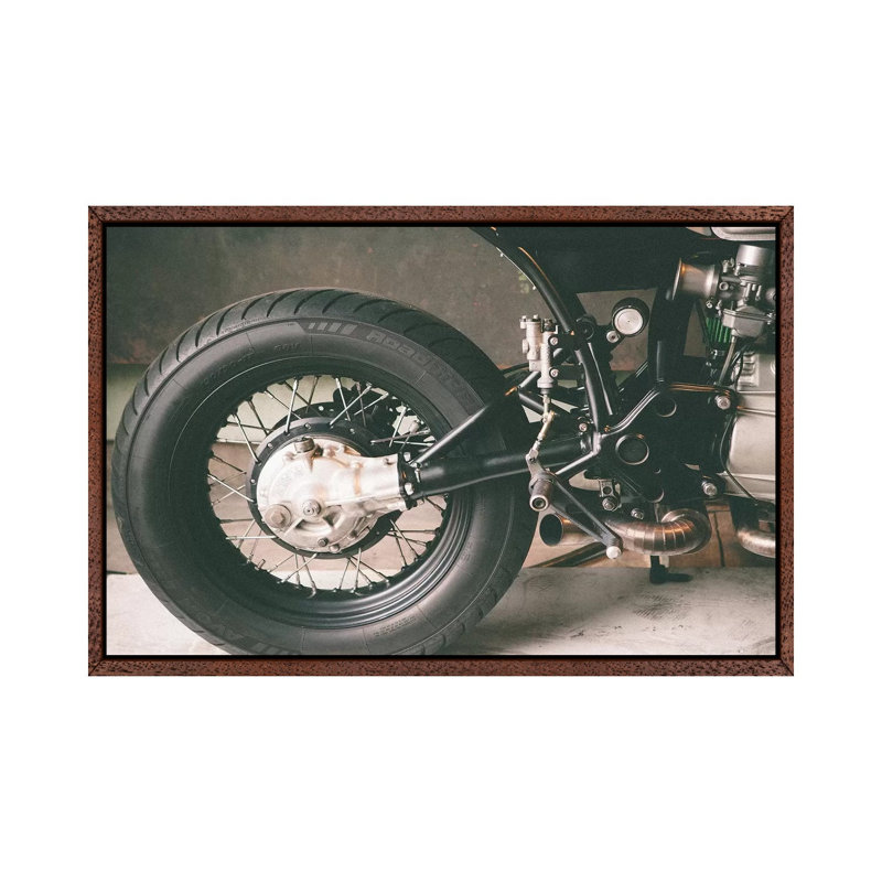 Motorcycle Back Tire - Print on Canvas, 66.04 cm H x 45.72 cm W, Classic Brown Wood Framed