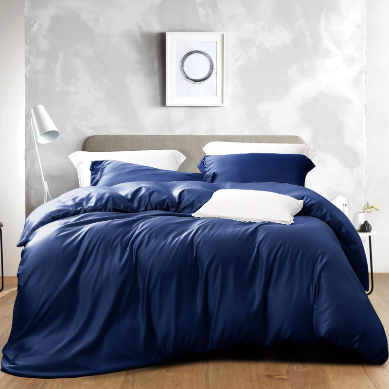 3 Pieces Duvet Cover Set, Satin Comforter Cover Set with Hidden Zipper Design - NTBAY, King Duvet Cover + 2 Shams, Navy Blue