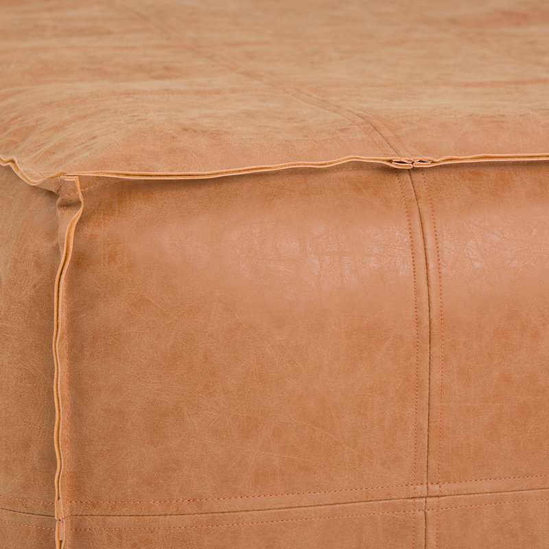 Brody Large Square Coffee Table Pouf in Vegan Faux Leather, Distressed Brown Faux Leather