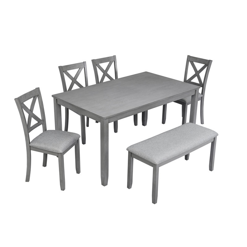 6 tables de salle à manger avec plateau rectangulaire, 4 chaises et un banc spacieux, une table et, Gris