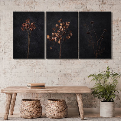 Rétro hortensia séchée, fleur sauvage, fond texturé foncé, toile tendue prête à accrocher, chambre à coucher minimaliste, décoration murale 3 pièces