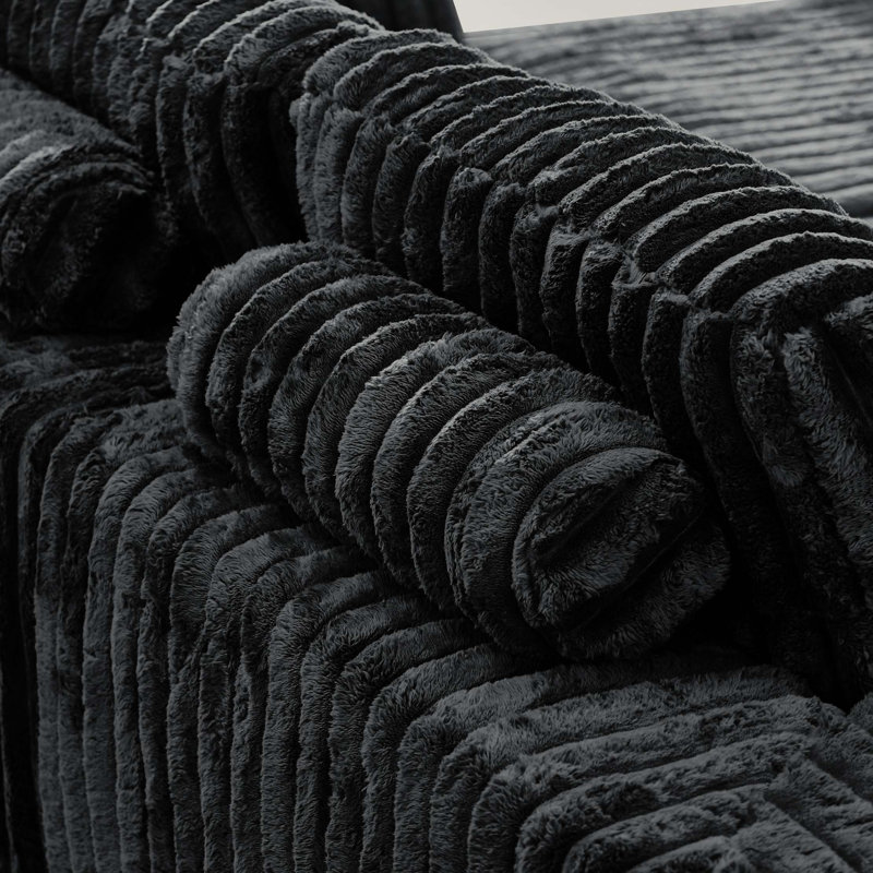 Luxury Ribbed Chenille Upholstered Modular Sectional Sofa With Ottoman, Black Chenille