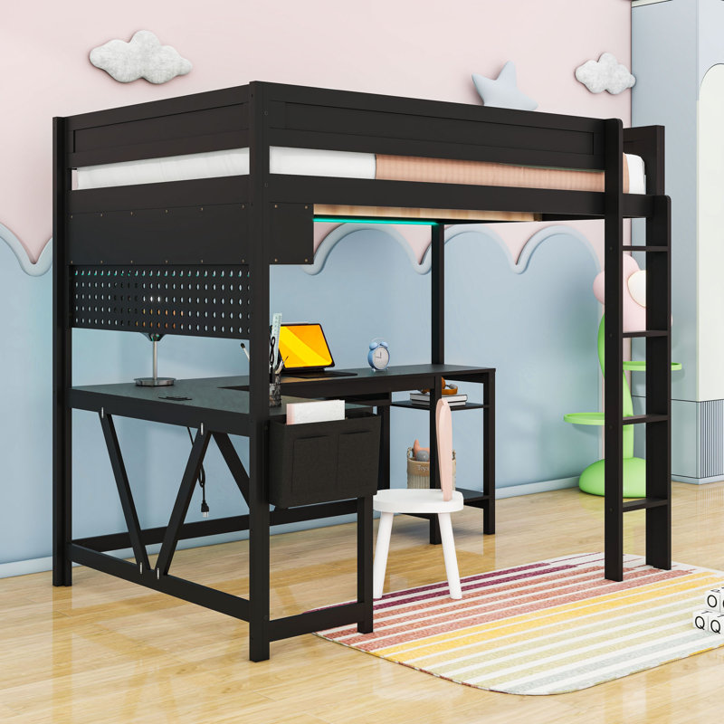 Lit mezzanine double avec bureau, tablettes, DEL et station de charge, Noir