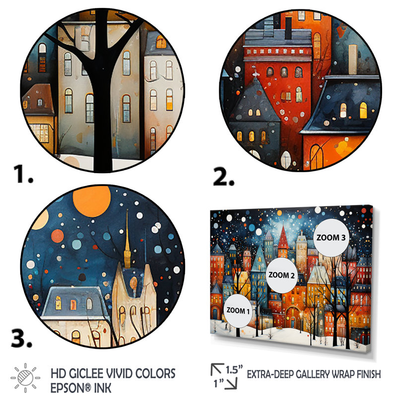 Orange orange Village Art déco - Art mural déco ville, Cadre doré à coins fermés, H 34 po x l 44 po x P 1,5 po