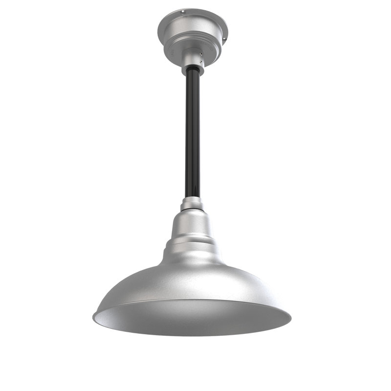 Luminaire suspendu 1 lumière del à simple dôme Idella, H 9 po x l 12 po x P 12 po, Argent galvanisé et tige verticale noire