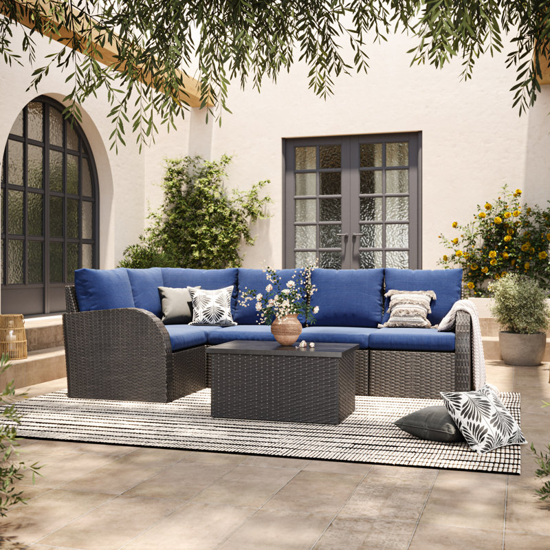 Mucklen Wicker 5 - Person Modular Patio Conversation Set with Cushions, Blue