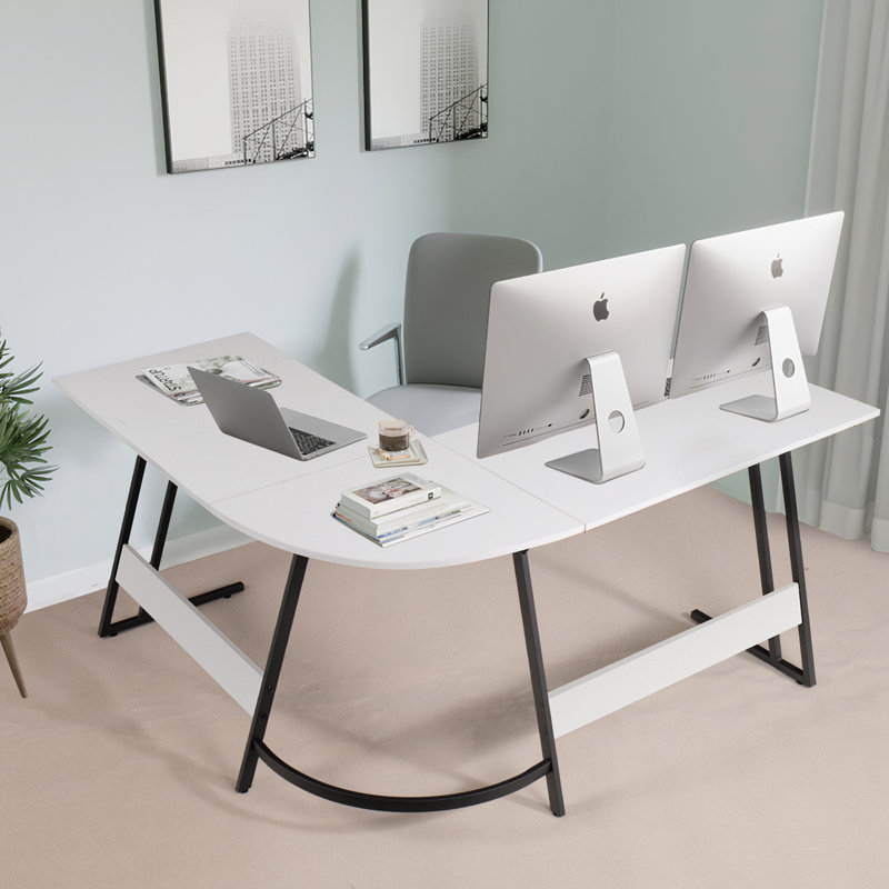 White Metal L-Shaped Corner Computer Desk with Movable Monitor Stand