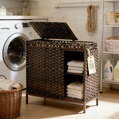 Large 2-Section Laundry Hamper With Lid And Storage Shelf, Woven Rattan Laundry Sorter Basket With Removable Liner Bags And Handles For Home Organization
