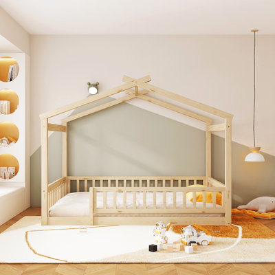 Wooden Playhouse Bed Frame With Roof And Fence For Kids & Teens