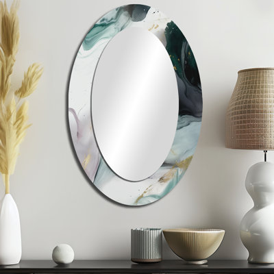 Green And White Contemplative Abstraction II - Green Oval Wall Mirror Decor