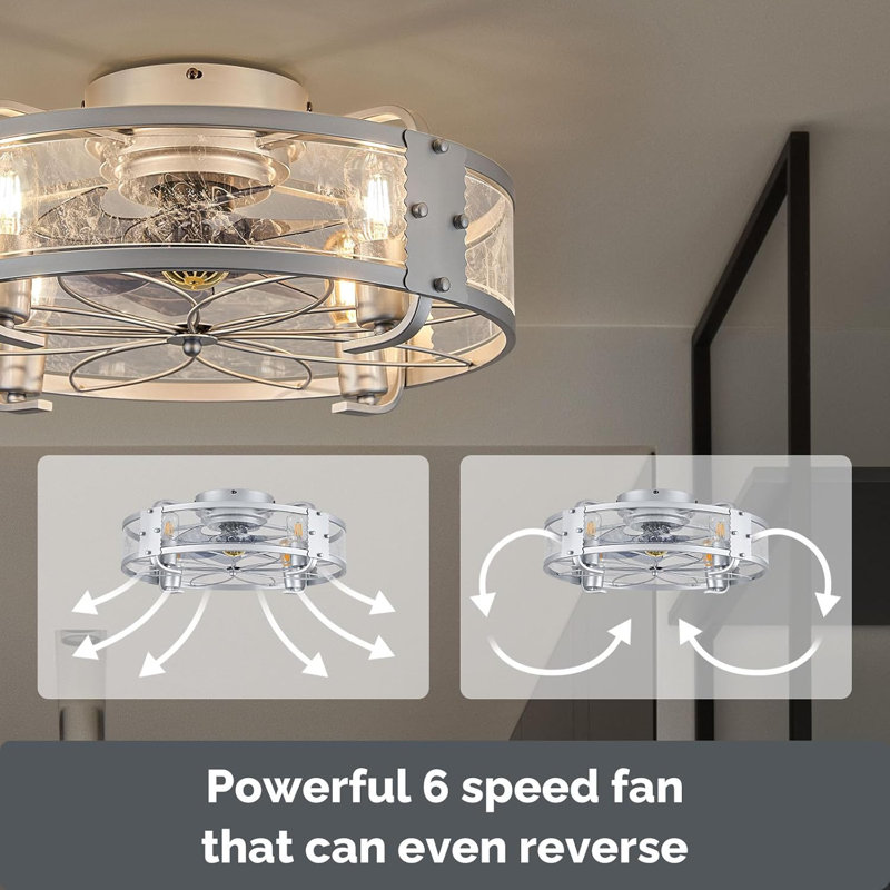 20" Ceiling Fan With Lights And Remote Control, Bladeless Caged Ceiling Fan With Light, Industrial Ceiling Fan Light Fixtures For Porch, Living Room, Bedroom(Silver)