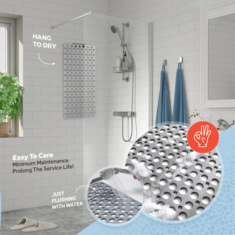 Tapis de bain et de douche antidérapant avec ventouses et trous de bonde, tapis de bain antidérapant lavable à la machine, séchage et découpe faciles (gris)