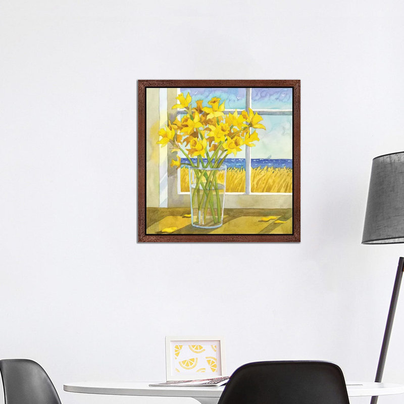 Daffodils In The Window by Robin Wethe Altman - Wrapped Canvas Print, Brown Framed, 93.98 cm H x 93.98 cm W