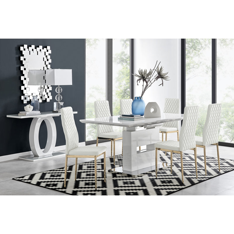 High Gloss Wood Extendable Dining Table Set with Upholstered Dining Chairs, 7 Pieces: Table, 6 Chairs, White/Chrome