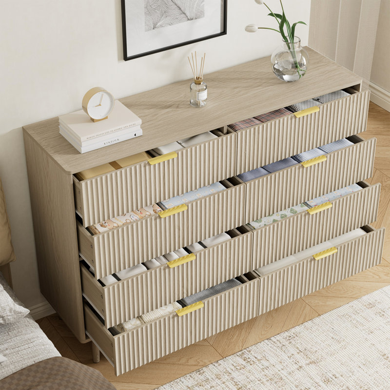 Fluted 8-Drawer Double Dresser For Bedroom, Curved Profile Design, Wood Drawer Organizer For Living Room, Hallway, Nursery, Hallway Closet