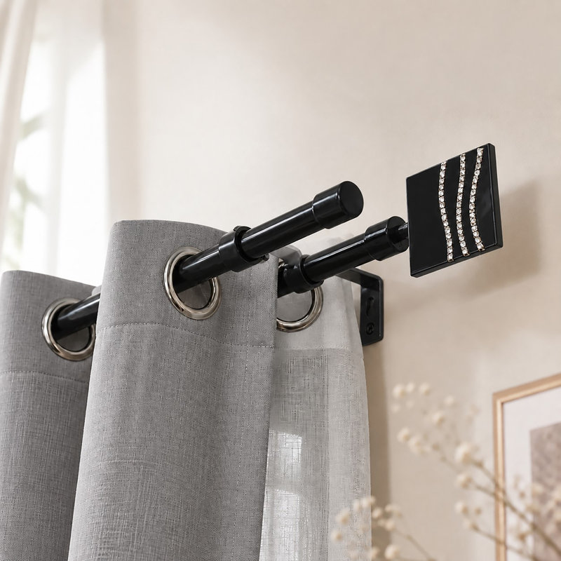 Strass Adjustable Double Curtain Rod with Sparkly Finials (50-82 inches), Black