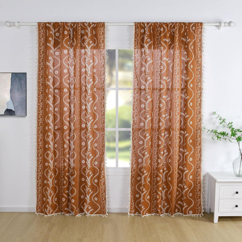 2-Pack Burnt Orange Linen Curtains! Bohemian Farmhouse, Retro Floral Semi-Sheer