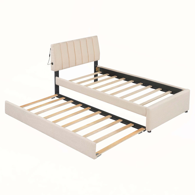 Lit plateforme tapissier simple avec lit gigogne Teddy, confortable et élégant pour les chambres modernes, Beige
