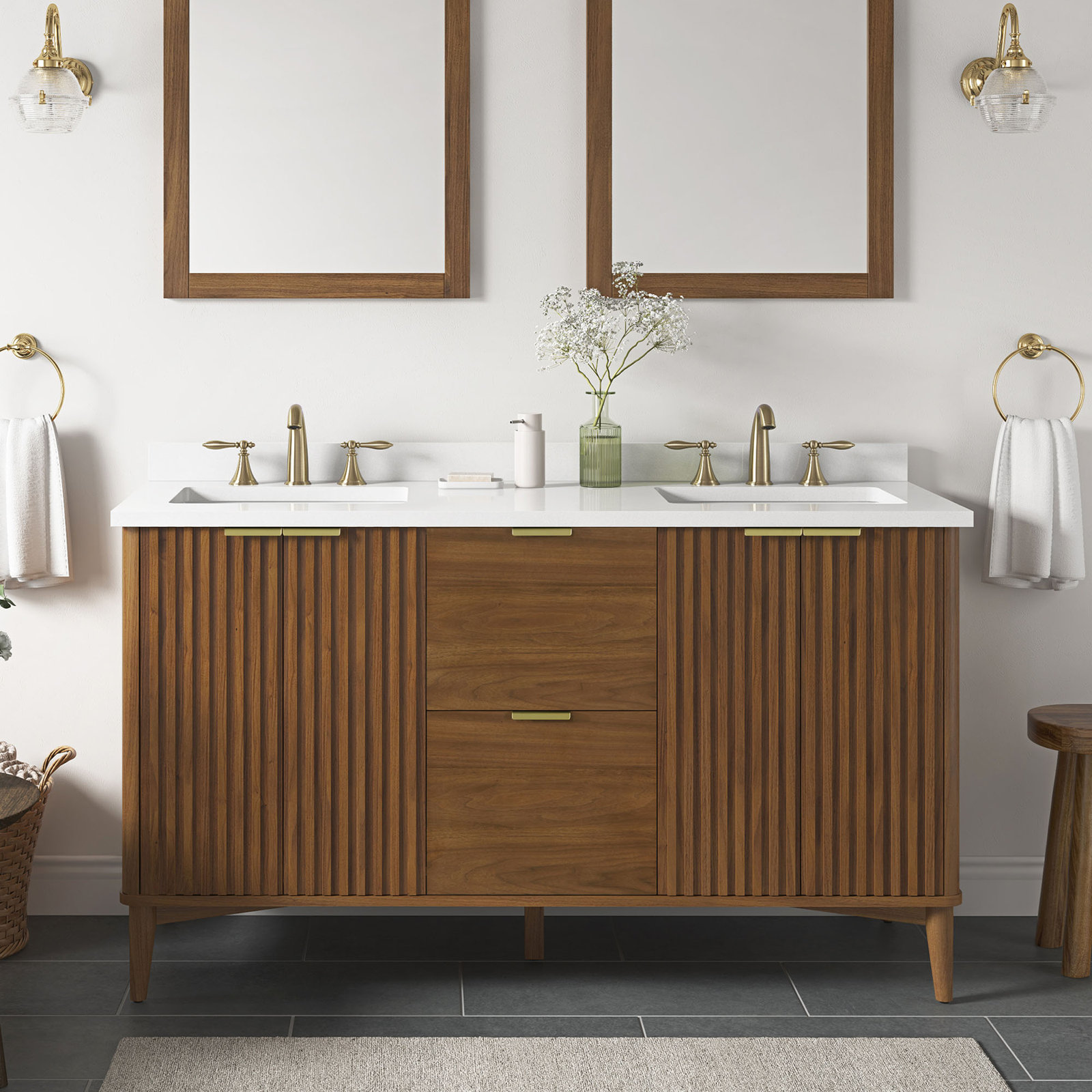 Gabi 60" Double Bathroom Vanity, Warm Walnut