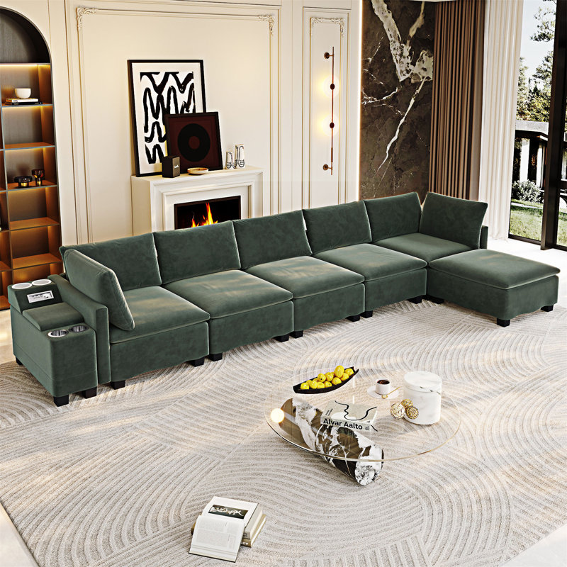 Canapé modulaire convertible modulaire avec rangement caché pour repose-pieds mobile et ports USB, Chenille verte