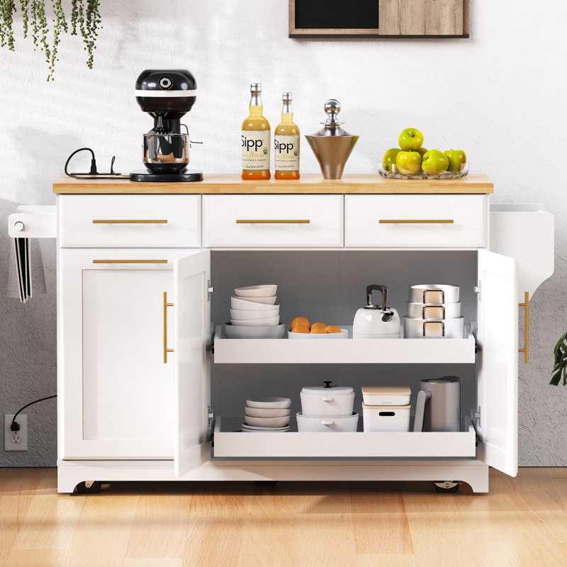 59.3" Kitchen Island With Storage 2 Pull Out Cabinet Organizers & Rubber Wood Drop Leaf, Rolling Kitchen Island With Trash Can Storage, Power Outlet, Spice & Towel Rack For Kitchen, Dining, 