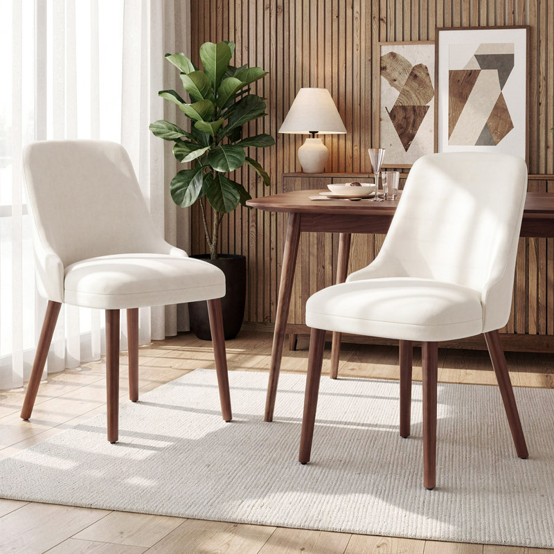 Chaise de salle à manger à haut dossier avec dossier ergonomique courbé, siège rembourré et pieds en bois massif, Beige