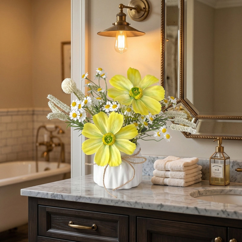 Arrangement de table de fleurs artificielles réalistes de 9,8 po avec pot en céramique blanche, Jaune