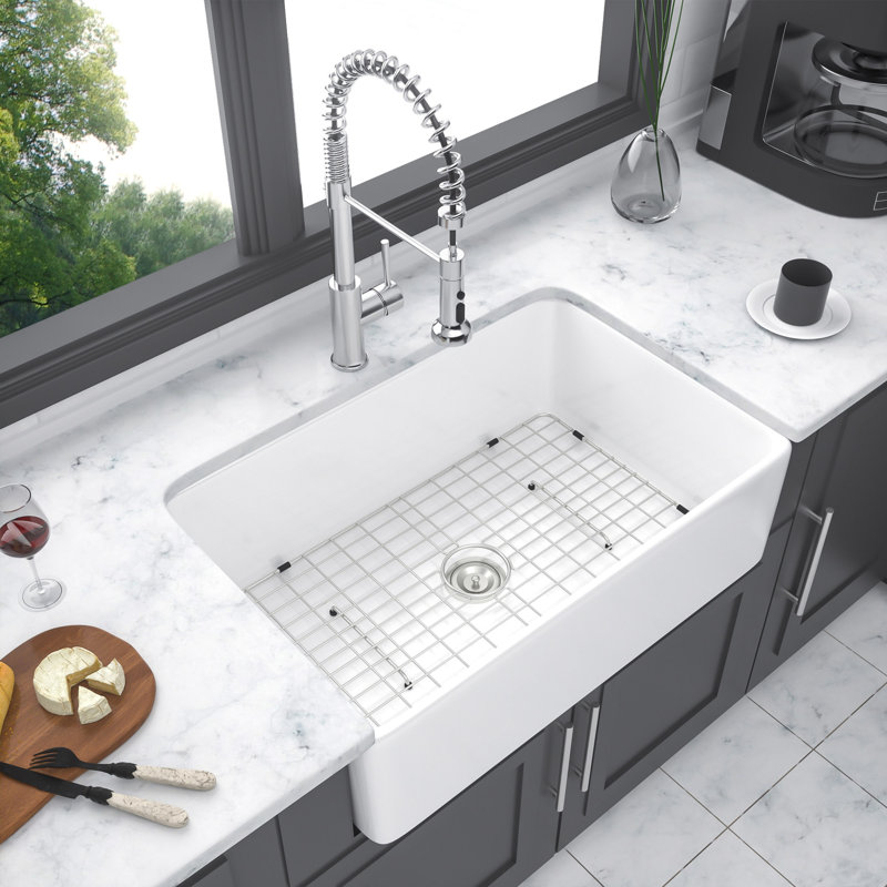 White Farmhouse Sink - 30 Inch Kitchen Sink Apron-Front White Ceramic Reversible Single Bowl Kitchen Farm Sinks