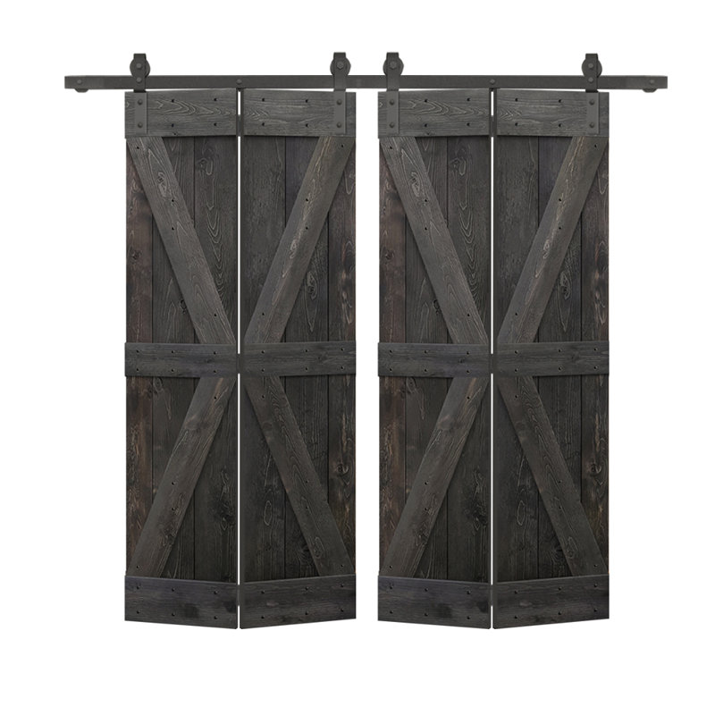 Porte de grange pliante en bois de pin avec quincaillerie coulissante, Noir anthracite, 48 po x 84 po