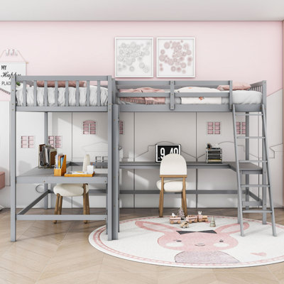 Kialan Twin And Twin L-Shaped Loft Bed With Dual Built-In Desks And Ladder