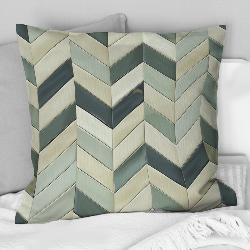 Imprimé à chevrons beige et vert - Coussin décoratif moderne, H 16 po x l 16 po