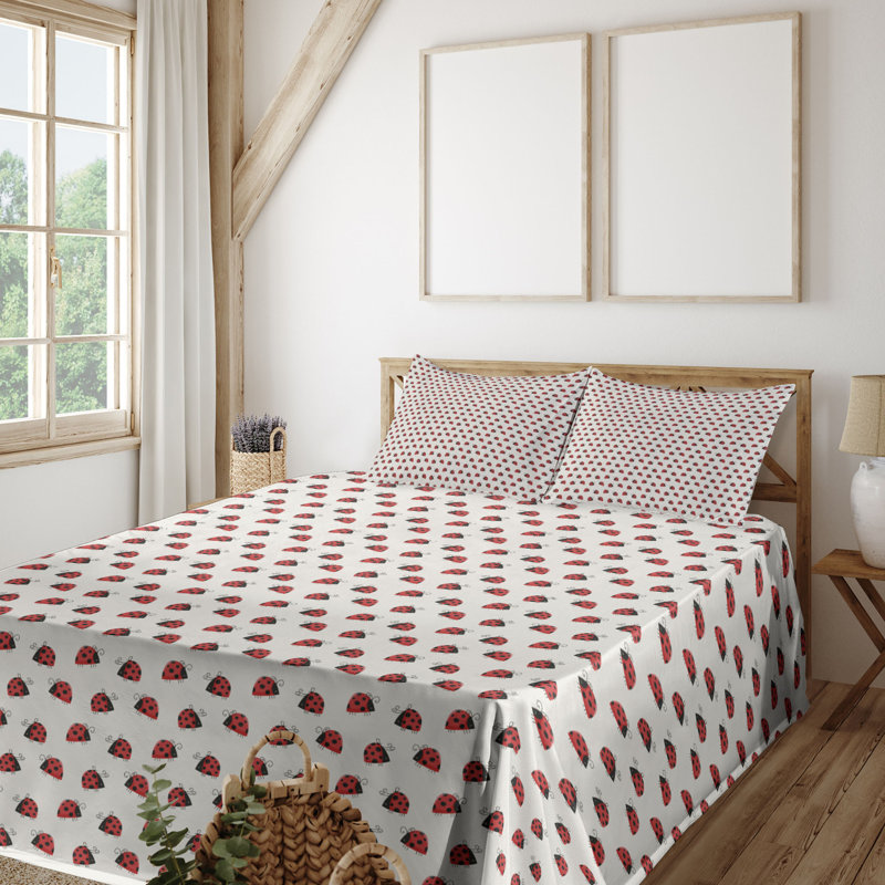 Ambesonne Modern Sheet Set Hand-Drawn Ladybugs Plot Rust and Charcoal Grey, California King Sheet Set with 2 Pillowcases