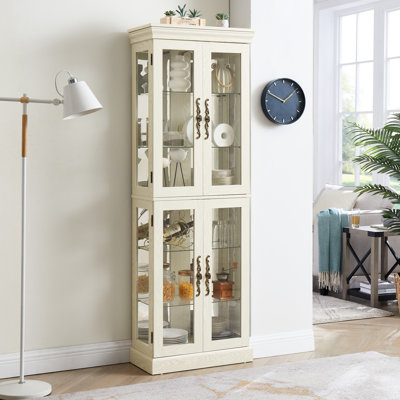 Illuminated Glass Cabinet With Customizable Options And Antique White Hue Lighted Curio Display Abundant Space,