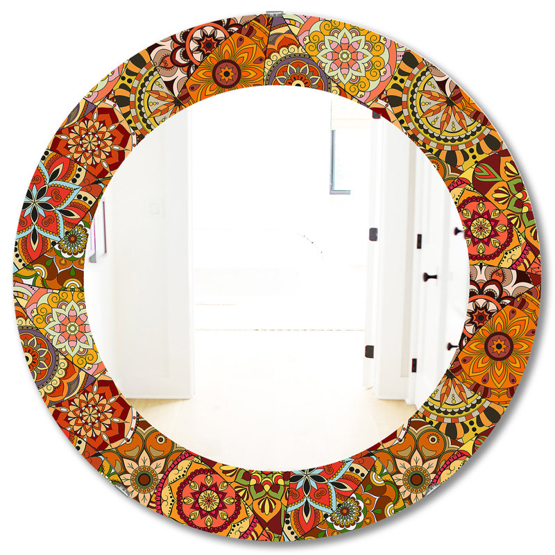 Tile with Mandalas Bohemian and Eclectic Frameless Wall Mirror, 23.6" H x 23.6" W