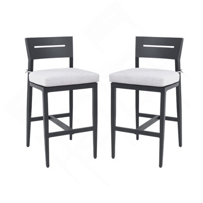 Tabourets de bar d'extérieur modernes de 2 pièces, chaise de bar de patio en aluminium avec dossier ergonomique, pieds fuselés, repose-pieds, noir Ember, coussin Sunbrella, résistant aux intempéries, pour jardin, bord de piscine et îlot de cuisine