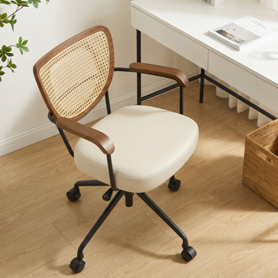 Chaise de bureau Mid-Century moderne, chaise de bureau pivotante réglable avec dossier en rotin PE et siège en similicuir courbé
