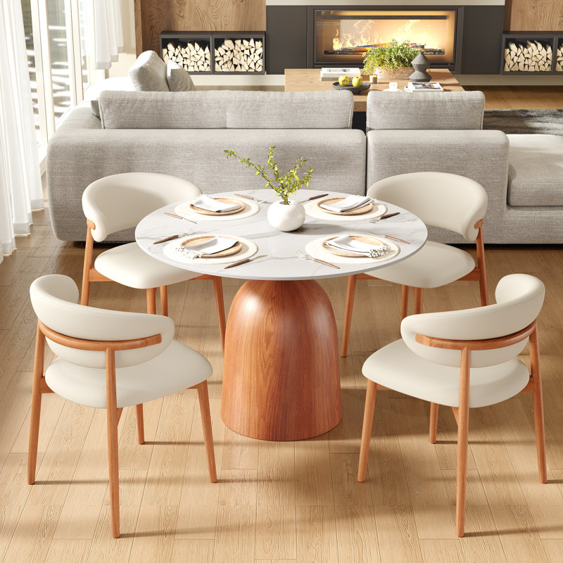 Vicente Dining Set, Mid-Century Modern Table & Upholstered Chair Set For Home, Kitchen, Dining Room, 5, White