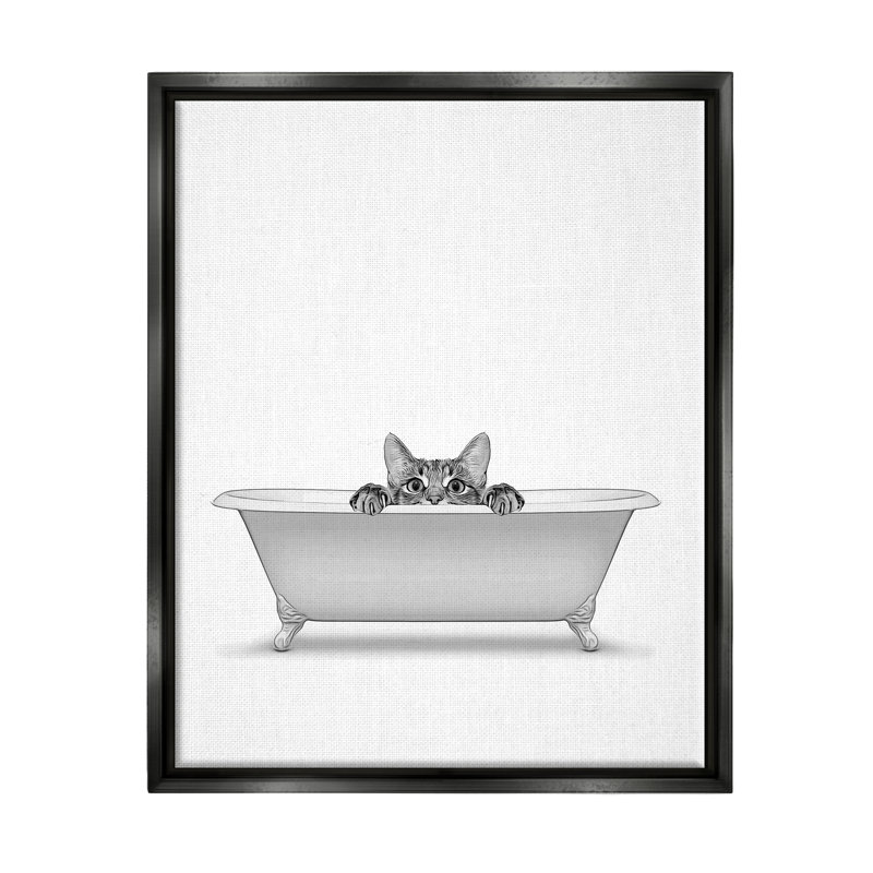 «Cat Peeking Bathroom Tub» par Annalisa Latella, impression, H 21 po x l 17 po x P 1,7 po, Cadre flottant noir de jais