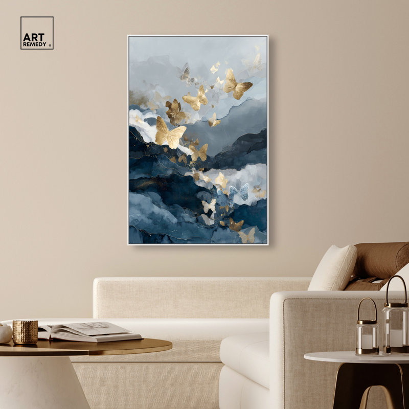"Gilded Butterfly Flight I", reproduction d'art acrylique encadrée par Art Remedy, cadre noir, 36 x 54, H 55 po x l 37 po