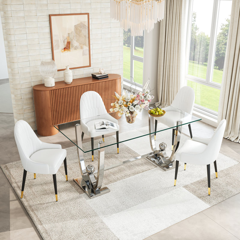 Modern Rectangular Glass Dining Table Set, Tempered Glass Top, Polished Stainless Steel W-Shaped Base, Faux Leather Chairs