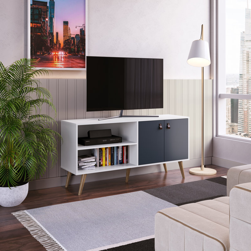 Meuble télé Amber de 54 po Mid-Century, Bleu foncé/blanc